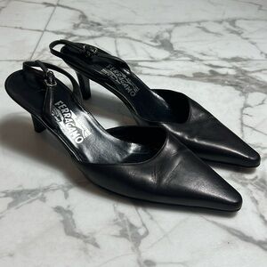 Ferragamo Black Leather Pointed Toe Slingback Heels Size 9B